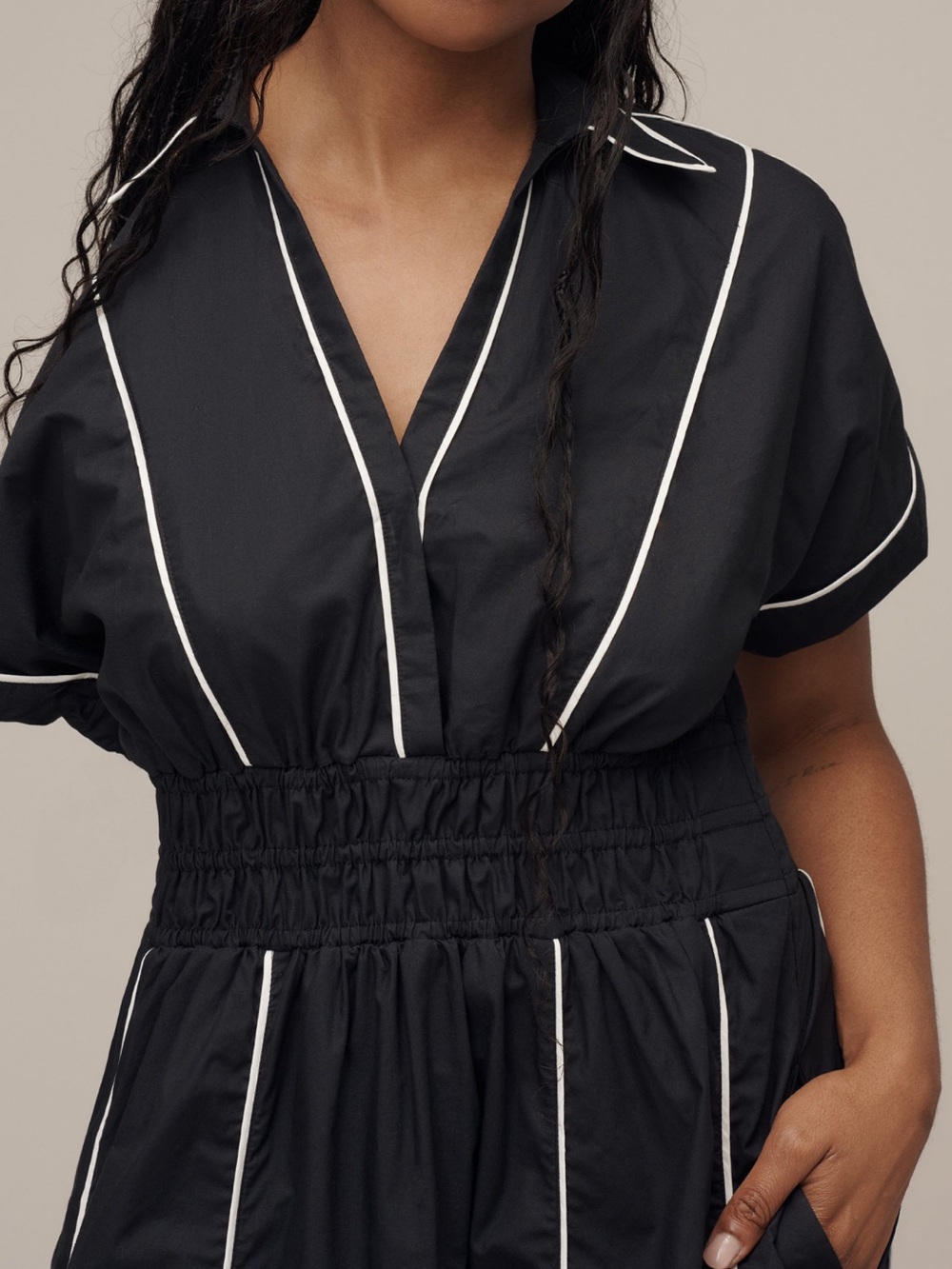 Anthropologie Black Midi Dress with White Piping - Picture 2 of 3